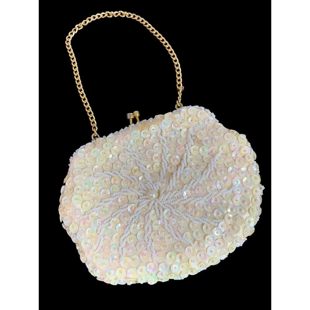 Vintage Ivory Beaded Hinged Evening Bag Clasp Sequins Hong Kong